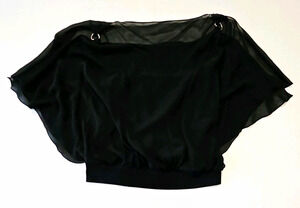 Express Women's M Black Sheer Chiffon Boat Neck Short Sleeve Blouse D-Ring